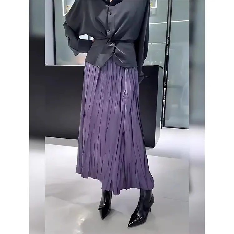 复古时尚紫色褶皱半身裙女2025早春新款松紧腰显瘦直筒百褶a字裙