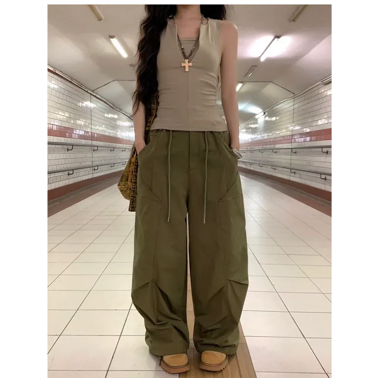 温柔 辣妹复古直筒抽绳打褶工装裤休闲降落伞裤女90083