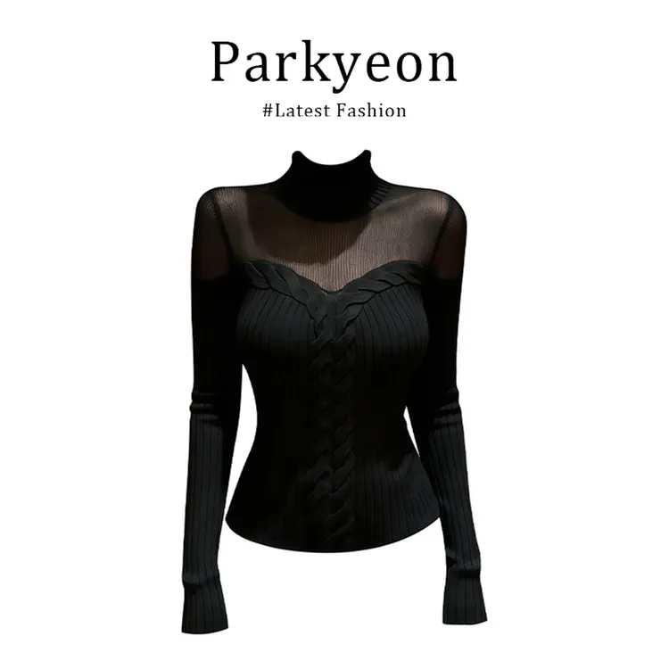 MARIE.COCO立体半高领微透拼接麻花针织衫女冬季收腰显瘦打底上衣