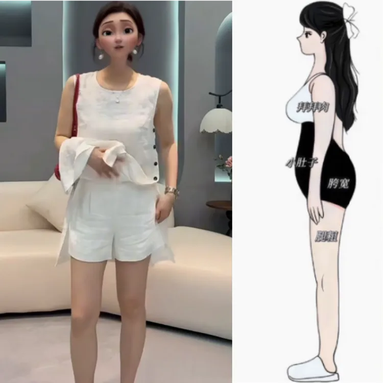 女夏季新款简约设计透气洋气百搭时尚无袖排扣开叉连衣裙短裤套装