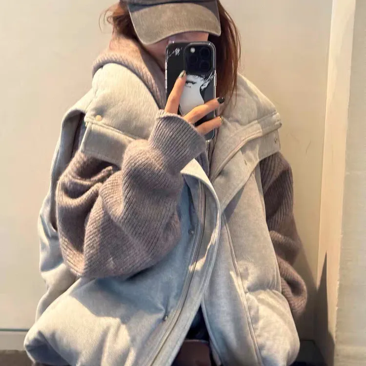 韩系修身棉马甲2025韩系复古高级感时尚灰色立领时尚保暖棉服马甲