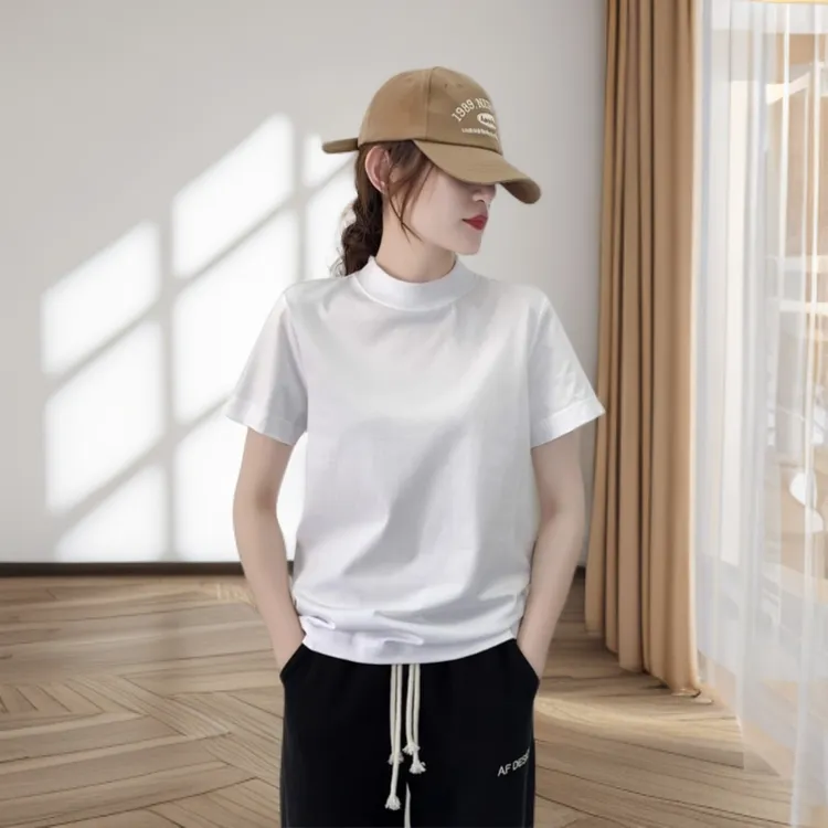 高级感纯棉T恤女短袖正肩宽松显瘦半高中领上衣纯白色外穿打底衫