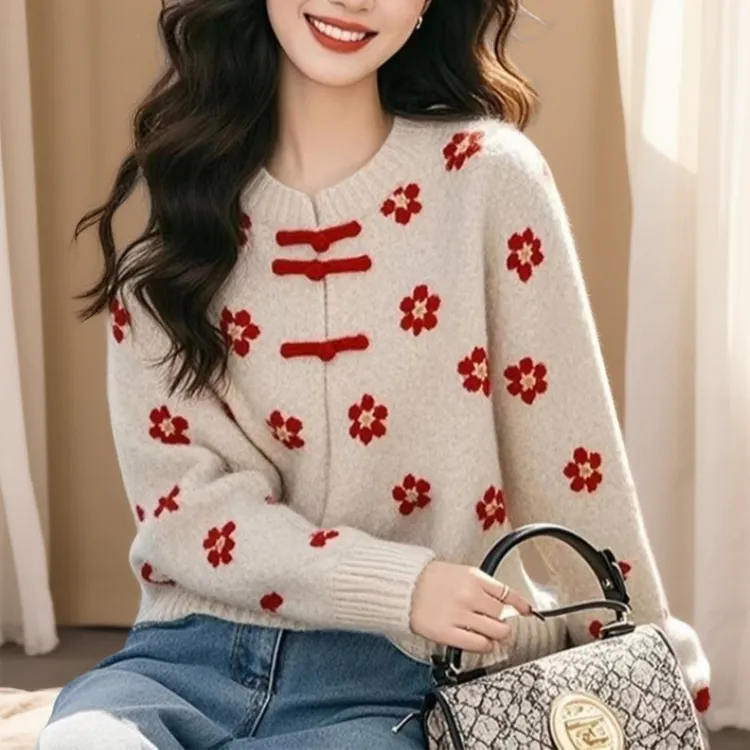 新中式国风红色花朵毛衣女装秋冬季重工小衫内搭独特漂亮针织上衣