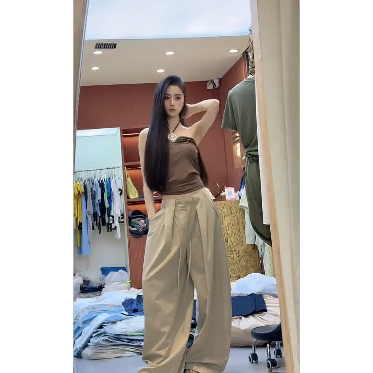 MARIE.COCO美式性感辣妹挂脖抹胸背心上衣搭配工装休闲弯刀裤套装