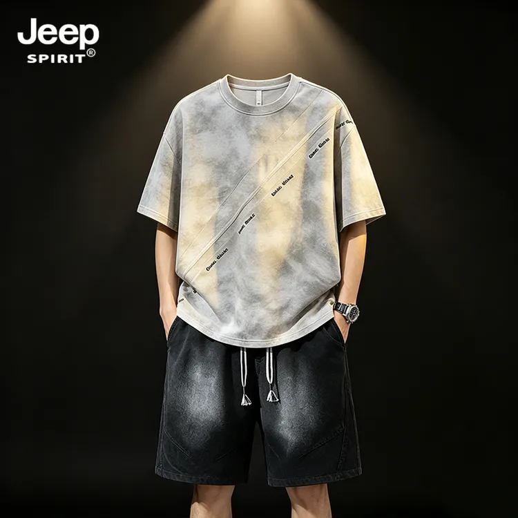 JEEPSPIRIT吉普男士大码扎染套装夏季新款美式宽松透气休闲两件套