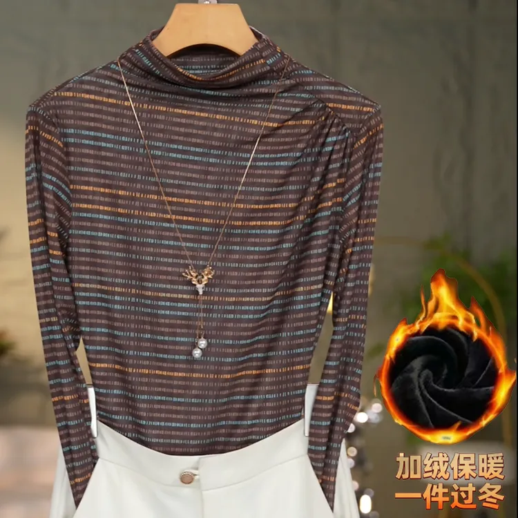 604#2025秋冬洋气高贵半高领打底衫时尚百搭网纱长袖修身显瘦T恤