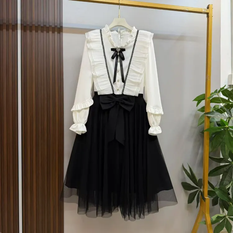 新款大码女装时尚洋气甜美减龄木耳花边拼纱显瘦连衣裙