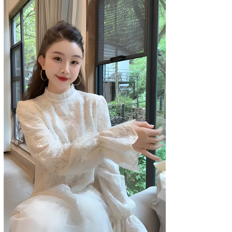 韩版纯色提花蕾丝衫秋冬新款立领长袖正肩高级感打底衫YY70952