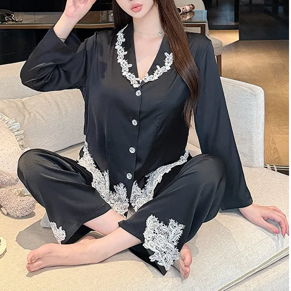 约蒂宾弗睡衣女春秋款冰丝小翻领开衫蕾丝长袖家居服薄秋季两件套
