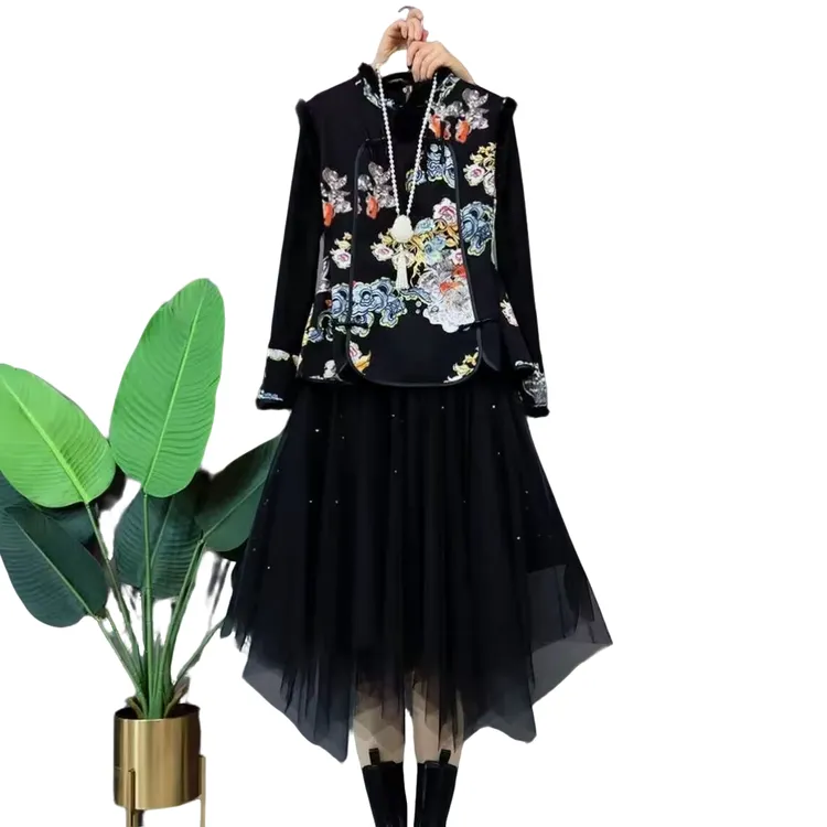 大维罗依SY国风复古盘扣拼接马甲半身亮片纱裙气质三件套