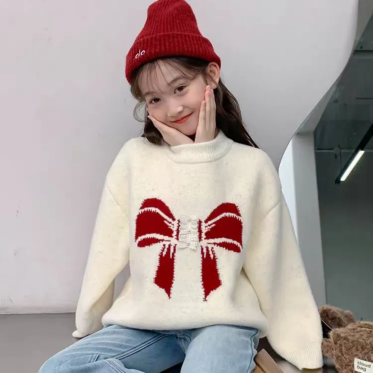 【不起球】女童毛衣一体绒蝴蝶结休闲圆领毛衣打底衫2025女童打底衫
