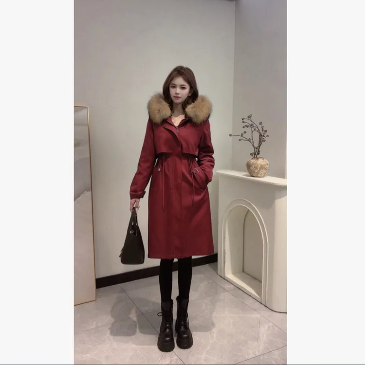 【箬竹】新款女士派克服长款秋冬外套修身显瘦冬季连帽大毛领