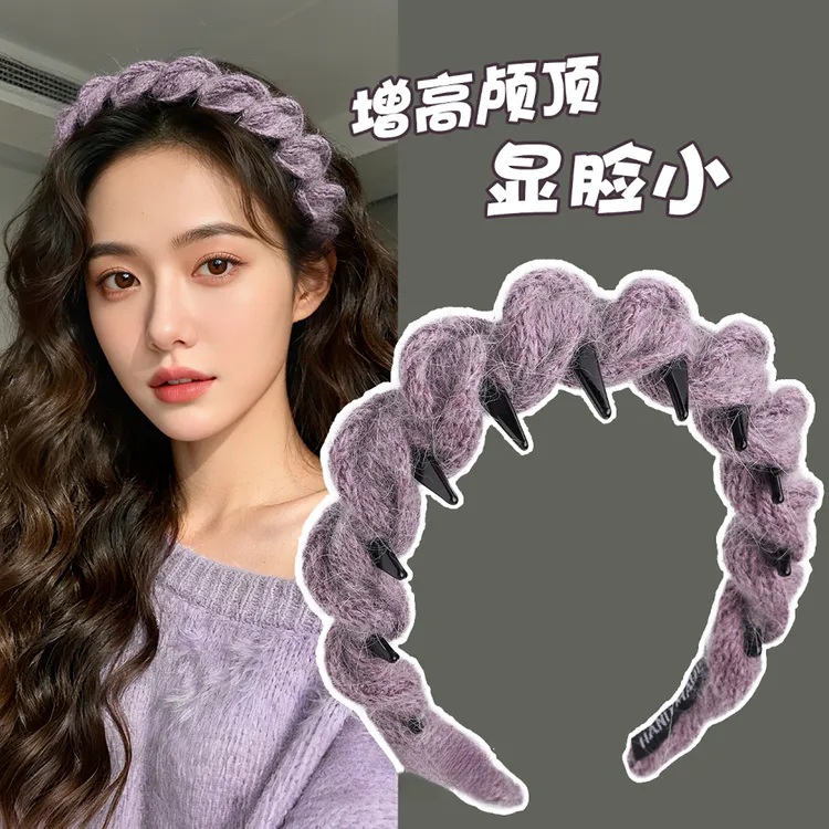 秋冬带齿防滑发卡编织毛线发箍头饰女外出百搭高颅顶毛绒头箍发饰