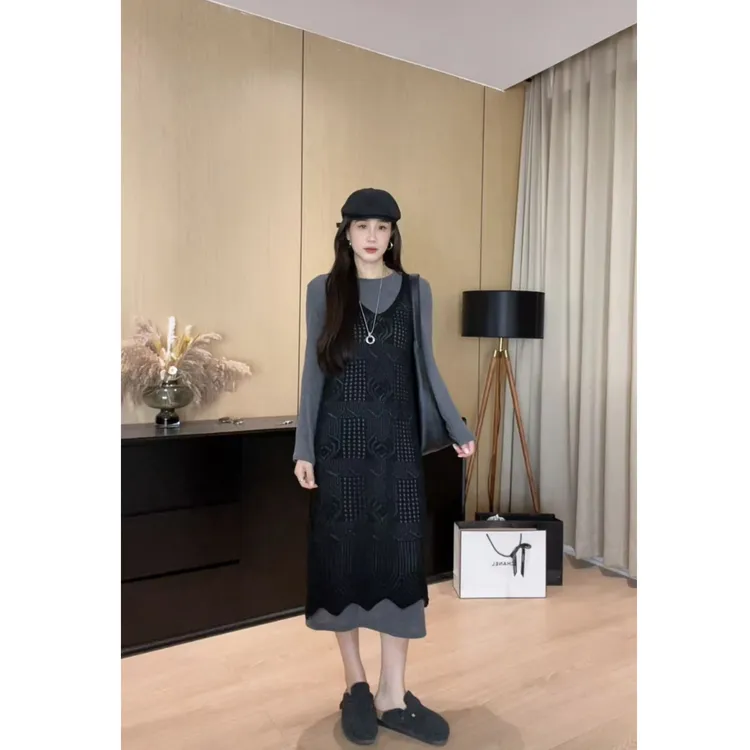 韩系氛围感穿搭叠穿罩衫连衣裙女早秋高级感慵懒宽松遮肚两件套装