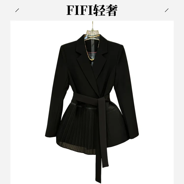 现货现发1 W268 秋装新款修身系带纯色拼接纱帘西装显瘦收腰外套