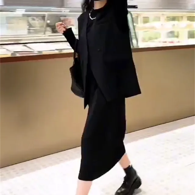 春秋大码休闲套装女韩版宽松直筒中长款长袖连衣裙西装马甲两件套
