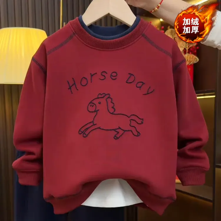 儿童加绒卫衣冬季新款加绒男女童拱桥绣拜年服中大童时尚圆领上衣商品图
