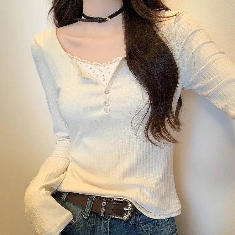 实拍碎花假两件长袖T恤女秋冬设计感小众修身打底衫内搭上衣