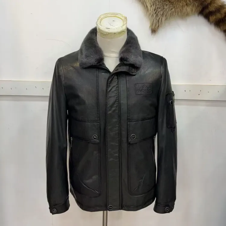 山羊皮油蜡水貂领羽绒拆卸飞行服爸爸男款真皮皮衣97801