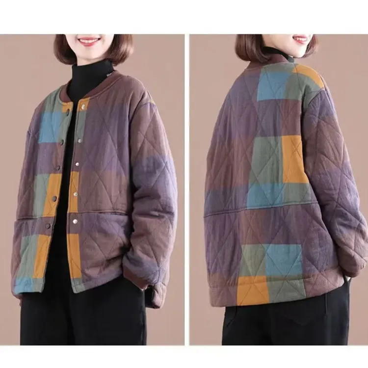 日系出口清仓尾货棉袄女加厚保暖棉衣夹棉格子外套中老年妈妈棉服