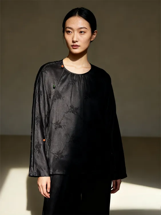 【锦绣集】换季福利！ 香云纱顺纡绉中式圆领斜襟上衣女士黑色经典