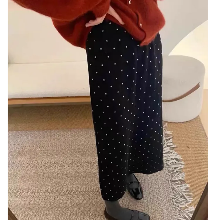 2025秋冬新款气质毛呢波点半身裙高腰A字直筒小个子中长半裙
