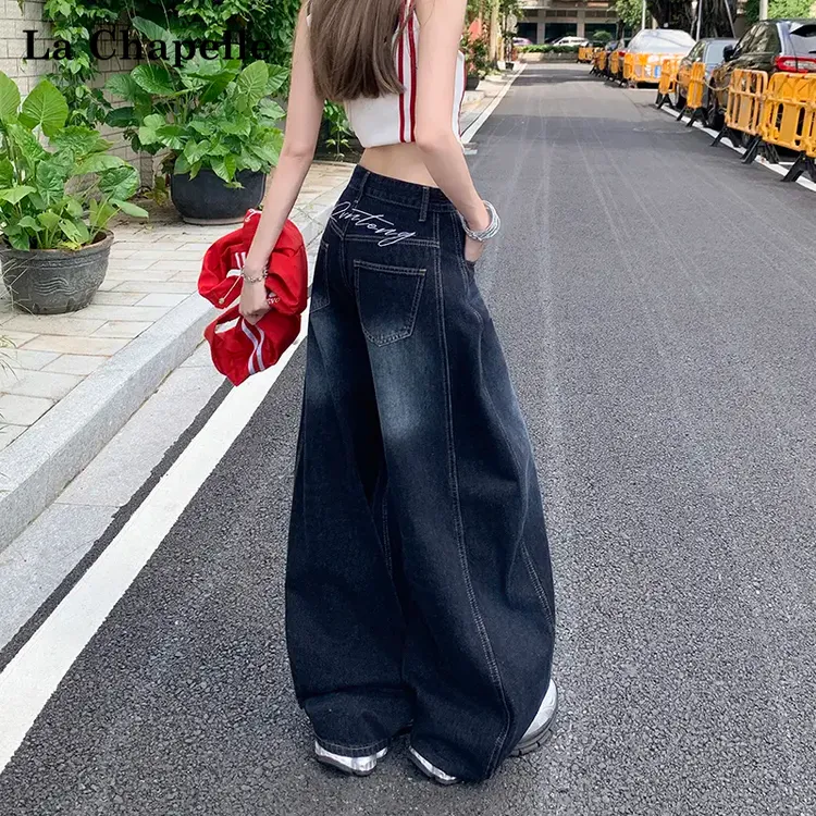 【拉夏贝尔】美式复古刺绣弯刀阔腿牛仔裤女春秋新款高腰宽松直筒裤