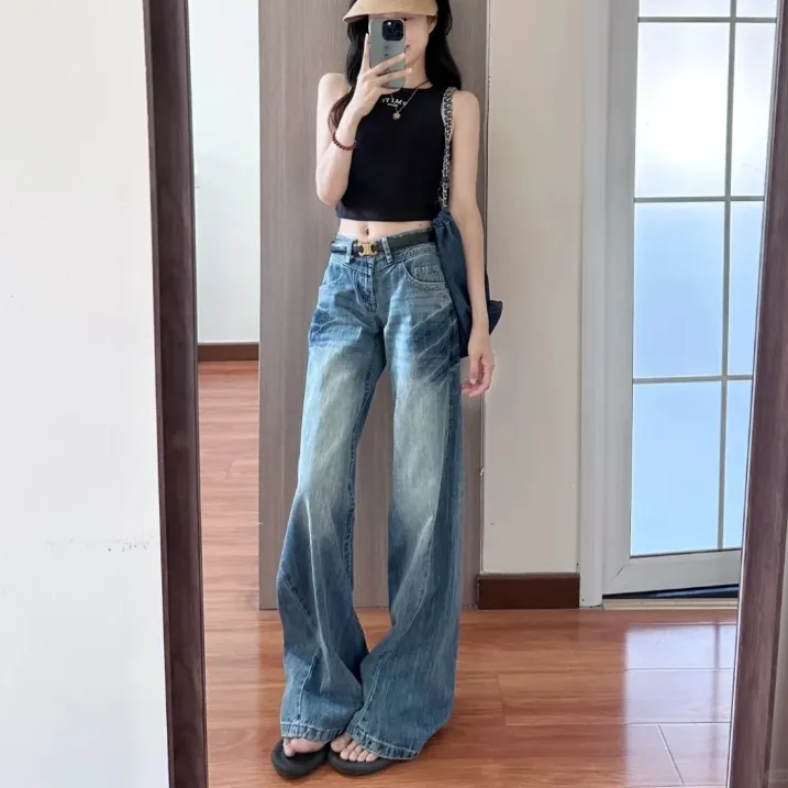 美式复古慵懒感水洗褶皱牛仔裤女2025冬季新款低腰显瘦宽松阔腿裤