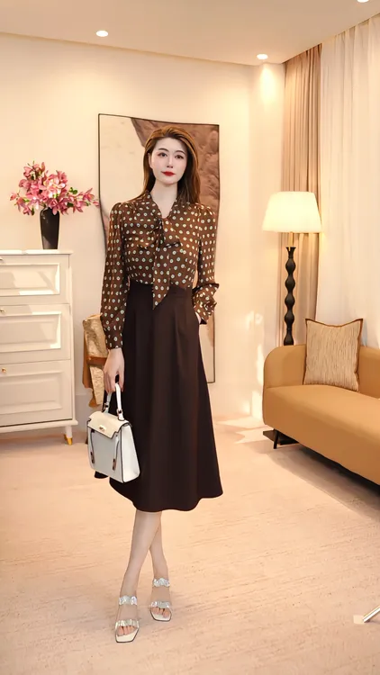 显瘦气质秋季V领中高腰秋季连衣裙百褶收腰轻奢长裙 86074