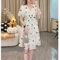 【白塔玫瑰E】法式茶歇连衣裙V领碎花甜美小个子法式中长期裙X056
