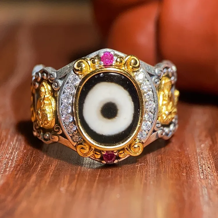 【吾柿古风】四尊手工台珠镶嵌藏传风化玛瑙925银戒指活口女戒