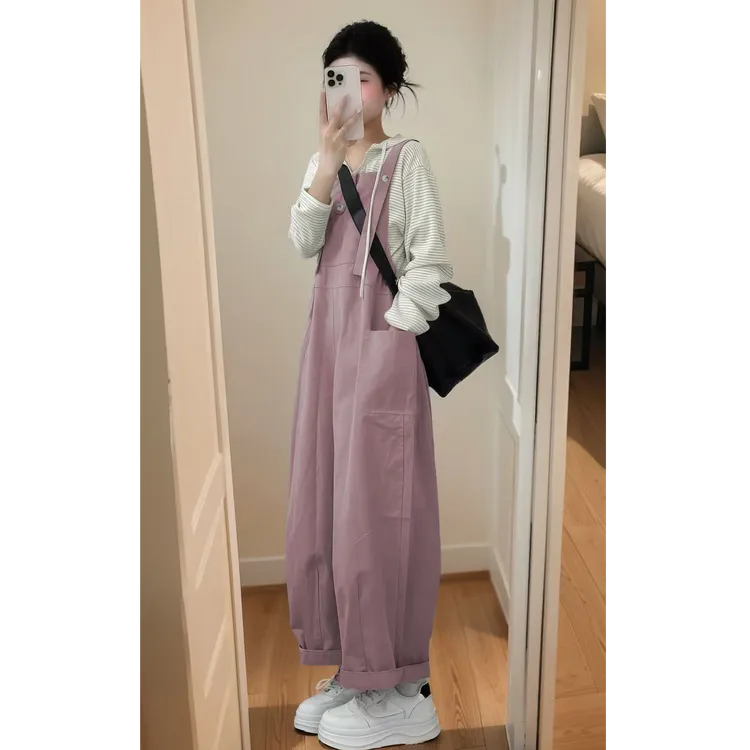 慵懒风休闲时尚套装女条纹连帽上衣粉色背带裤两件套2025春季新款