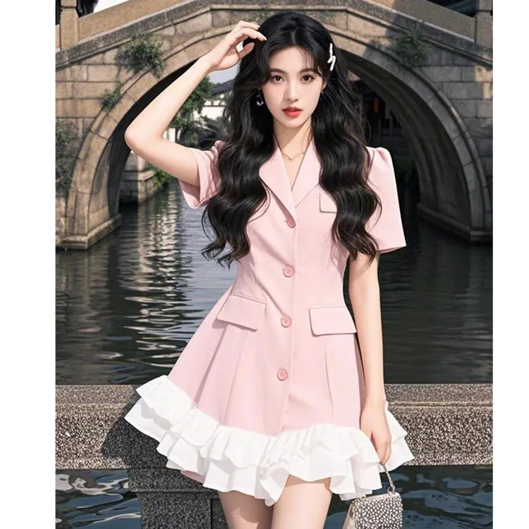 法式名媛气质荷叶边拼接西装连衣裙2025春季新款收腰显瘦a字短裙