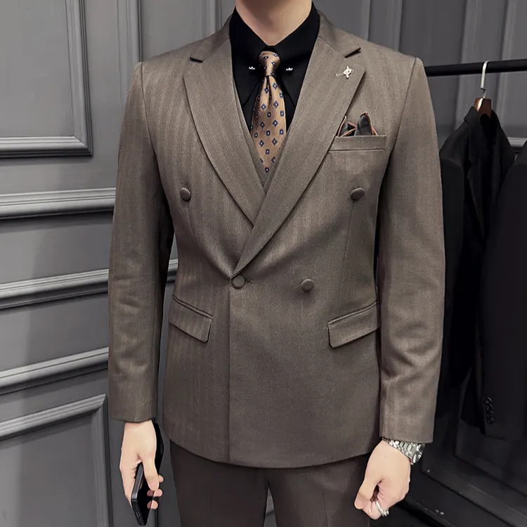 棕色西装套装男士条纹西服平驳领双排扣韩版结婚新郎礼服婚礼宴会