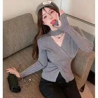 法式高级御姐感修身显瘦打底毛衣针织衫女挂脖V领交叉设计感上衣