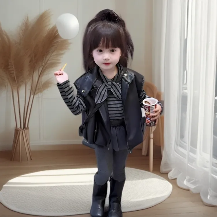  2025秋装韩系童装高级感女宝宝马甲套装皮衣女童外套夹克套装潮