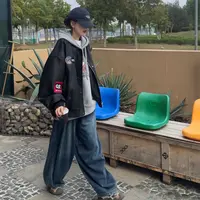 橘子罐头秋冬新款复古宽松休闲百搭港风潮流皮衣棒球服外套