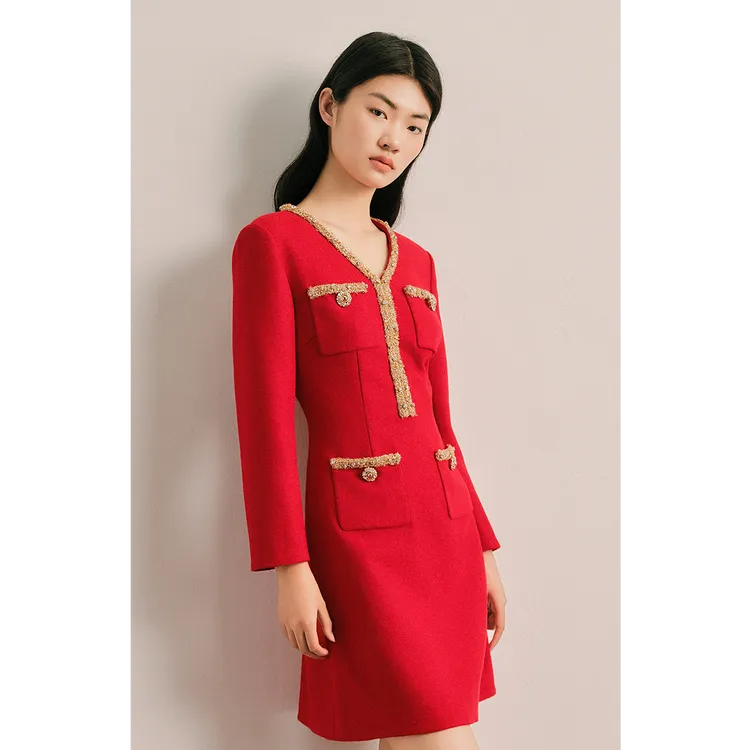 OBBLIGATO奥丽嘉朵金标中国红花纱包边时尚百搭连衣裙1C35105530