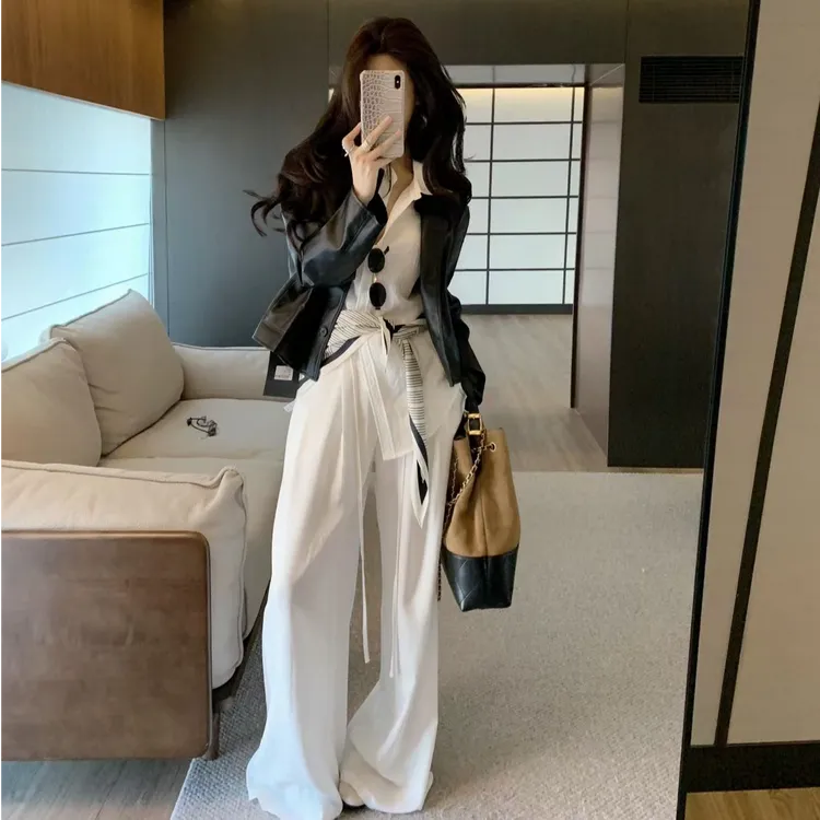 韩国chic秋季法式复古单排扣翻领黑色皮衣外套女气质衬衫宽松裤子