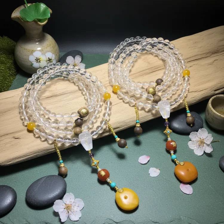 净透天然白水晶佛珠108颗手持念珠配俄蜜配珠文玩手串