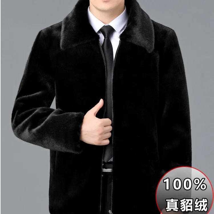 锐影睿尚皮草大衣水貂皮外套男中长款貂绒整貂皮毛一体翻领短款