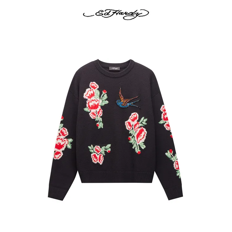 Ed Hardy/埃德哈迪经典圆领花卉提花长袖宽松绵羊毛毛衣E1RAW337