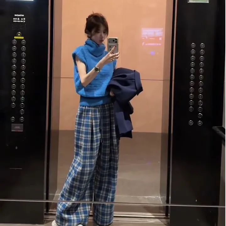 针织短袖上衣高领洋气休闲百搭气质显瘦性感辣妹宽松长裤时尚套装