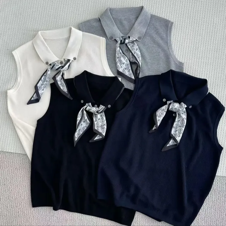 2025年新款翻领无袖针织衫配丝巾显瘦减龄韩版小背心夏季洋气小衫