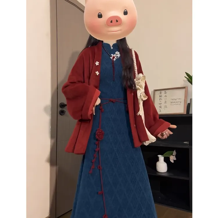 秋冬新款新中式国风红色毛呢外套改良旗袍连衣裙小香风两件套装女