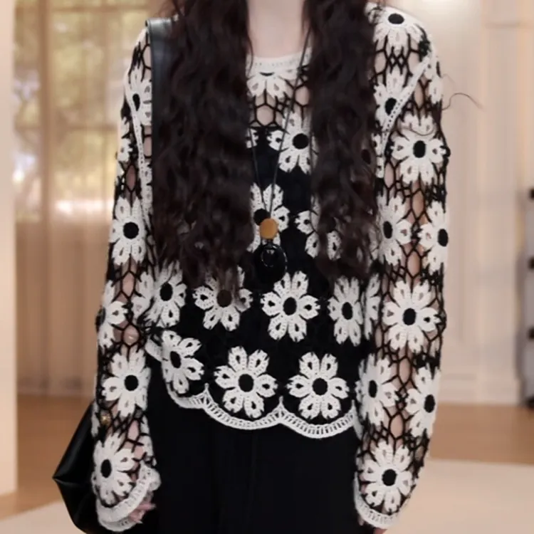 早秋薄款重工钩花镂空罩衫针织长袖C5837