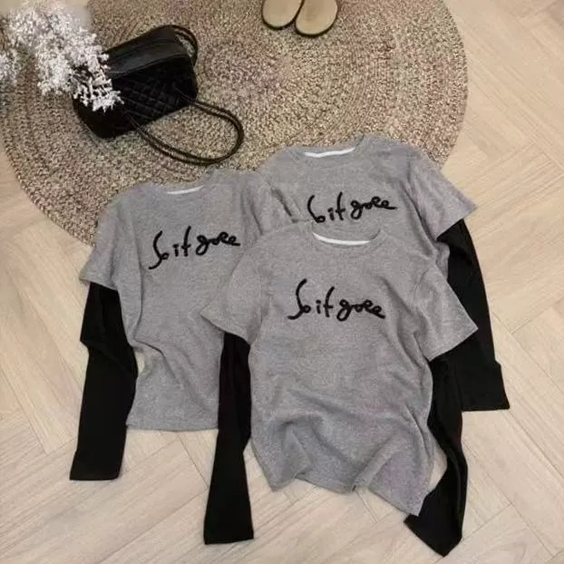 2025秋冬新款字母刺绣假两件长袖T恤女时尚百搭休闲修身显瘦上衣