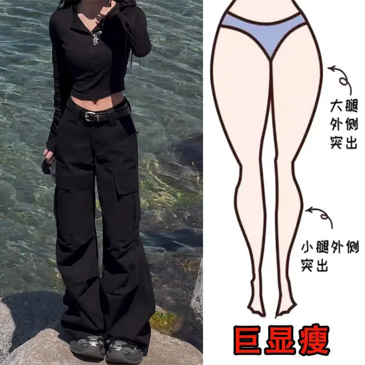 秋冬爆款时尚复古水洗设计感显瘦高腰宽松直筒多口袋阔腿休闲长裤