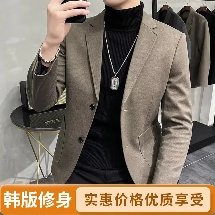 轻熟小西装男秋冬季新款修身韩版简约港风休闲西服外套黑色潮流