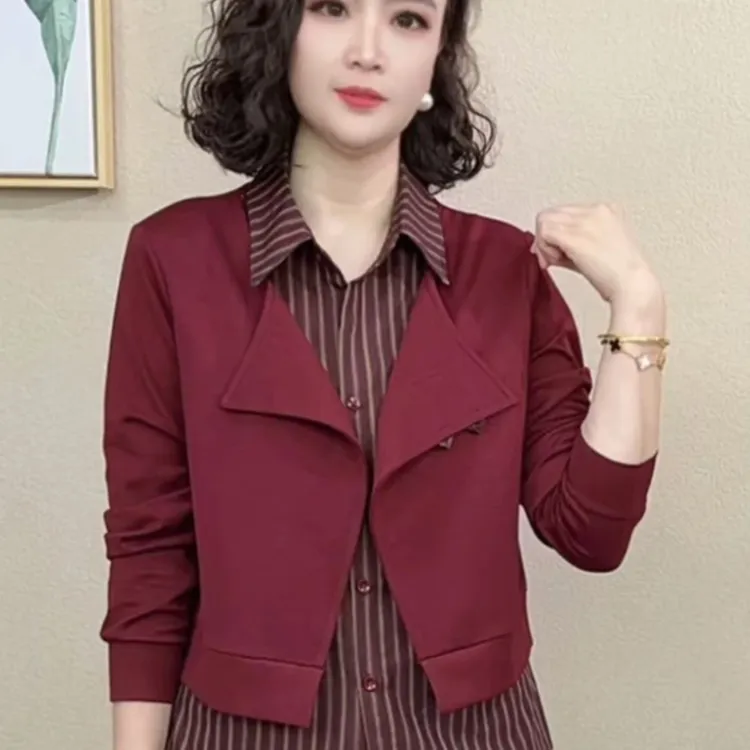 时尚长袖衬衫女2025秋季新款洋气宽松小众百搭假两件条纹拼接上衣